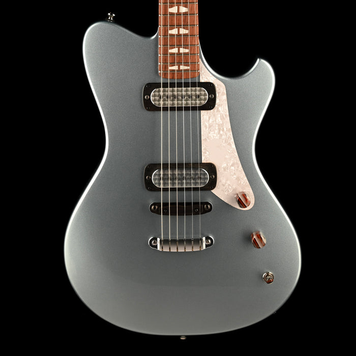 Powers Electric A-Type Hardtail Guitar Silver Blue Metallic Front Crop