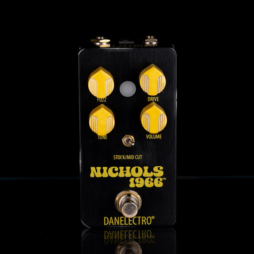 Guitar effects pedal with gold knobs and 'Nichols 1966' branding on a black background