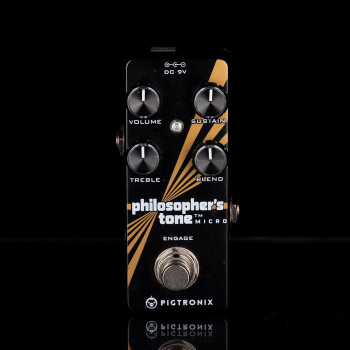 Guitar effects pedal with 'Philosopher's Tone Micro' branding on a black background