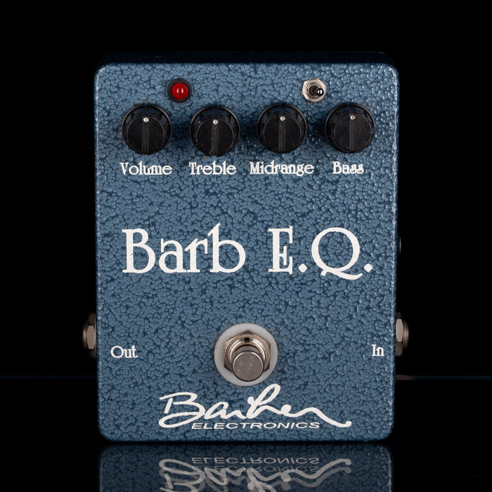 Barb E.Q. guitar effects pedal with control knobs and branding on a black background