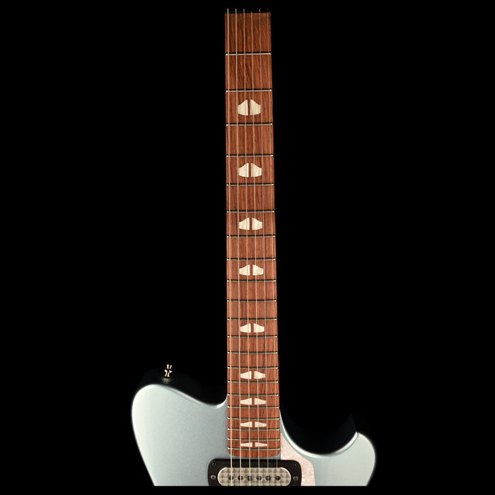 Powers Electric A-Type Hardtail Guitar Silver Blue Metallic Closeup Fingerboard
