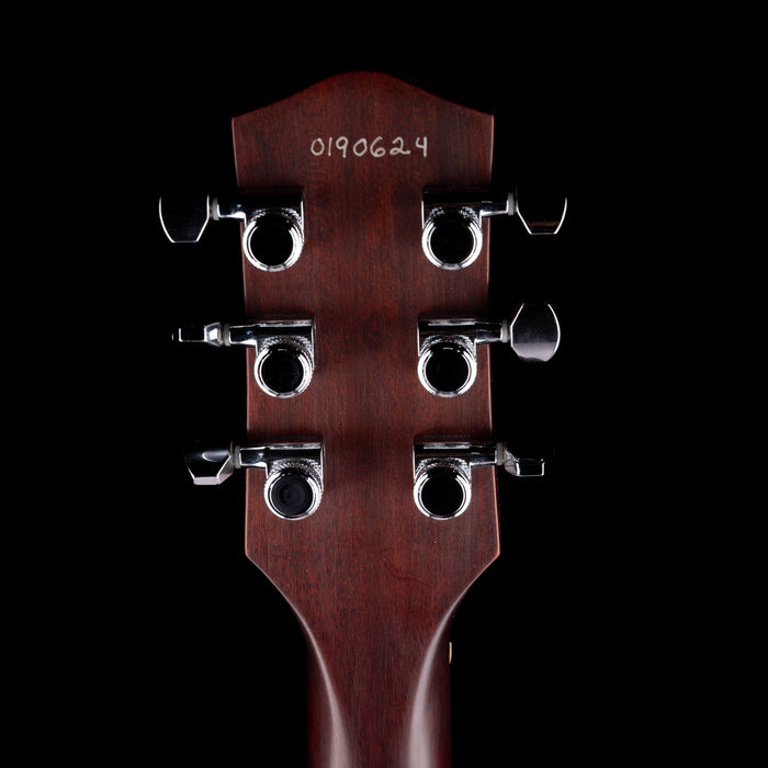 Close-up of a guitar headstock with tuning pegs on a black background