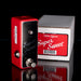 Red guitar effects pedal with 'Super Sweet' branding in front of a matching box on a reflective surface.