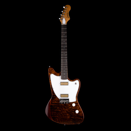 Electric guitar with a wooden body and neck on a black background