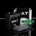 Guitar effects pedal with 'RAT' branding on a reflective surface.