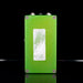 Green guitar effects pedal with a white label on a black background