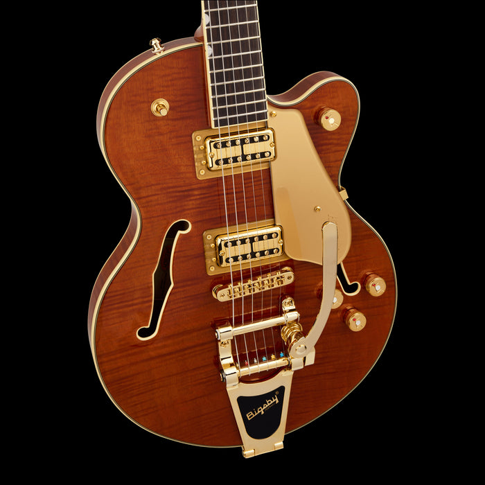 Gretsch Limited Edition Electromatic Flame Okoume Broadkaster Jr. Roundup Orange Front Body Detail 