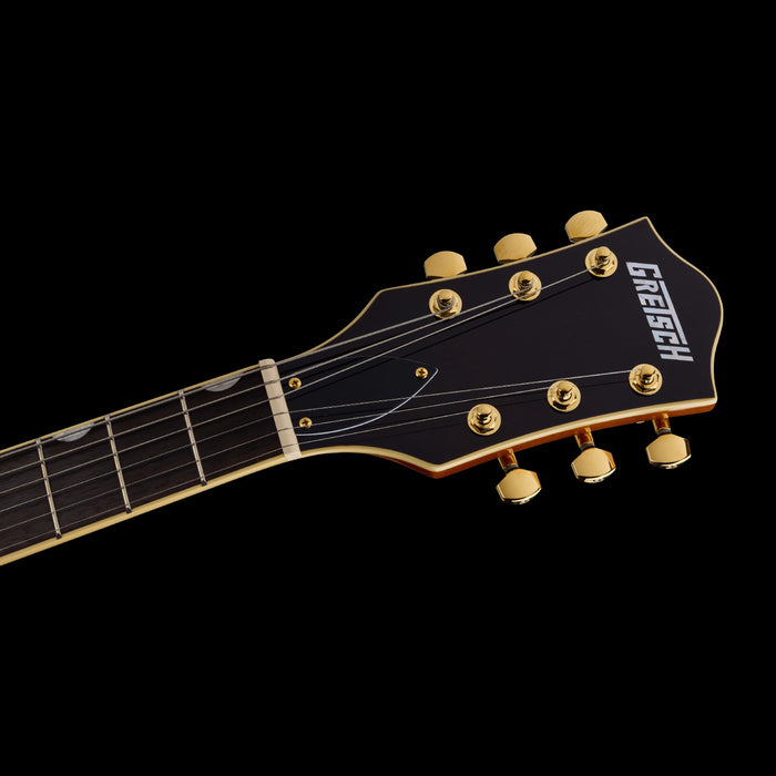Gretsch Limited Edition Electromatic Flame Okoume Broadkaster Jr. Roundup Orange Headstock Front 