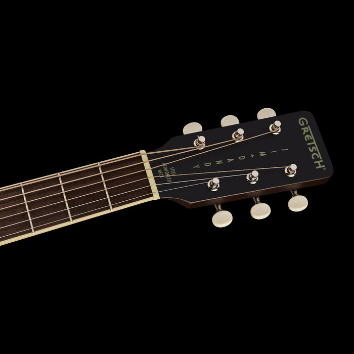 Gretsch Jim Dandy Concert Deep Cherry Burst Acoustic Guitar Headstock 