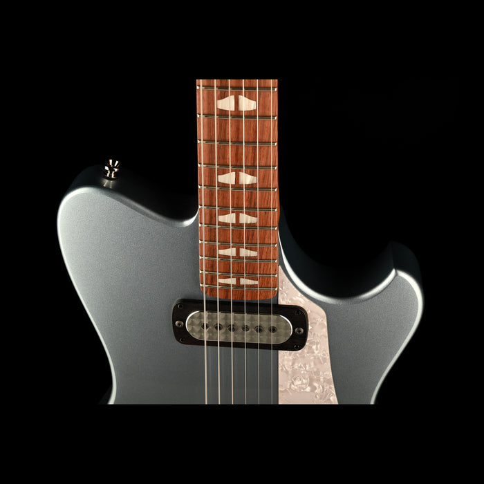 Powers Electric A-Type Hardtail Guitar Silver Blue Metallic Front Top Contour
