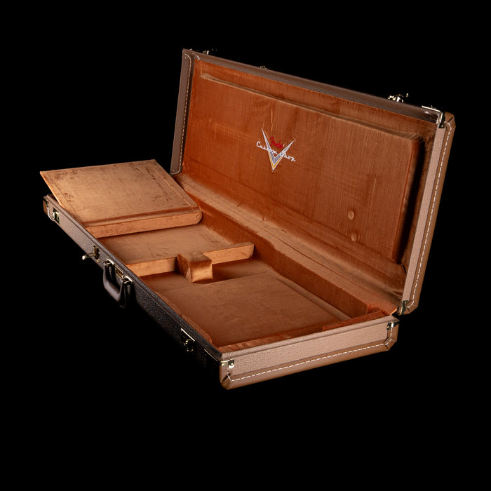 Open brown leather case with a logo on a white background