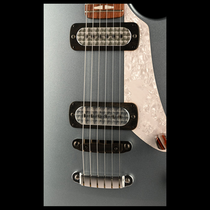 Powers Electric A-Type Hardtail Guitar Silver Blue Metallic Closeup Pickups