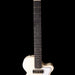 White electric guitar with a black pickguard on a white background