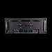 Back panel of a guitar amplifier with control knobs and ports on a black background