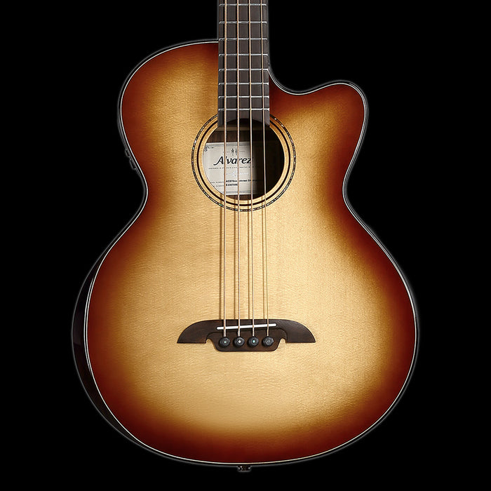 Alvarez AEB70ce Armrest Artist Elite Acoustic Electric Bass Shadowburst Front Crop