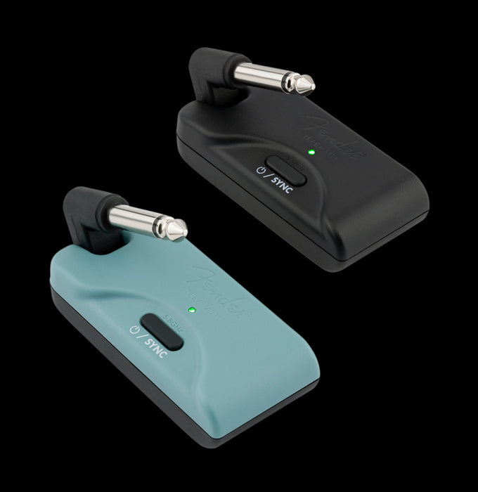 Fender Telepath Wireless System Mystic Ice Blue and Black Closeup Button