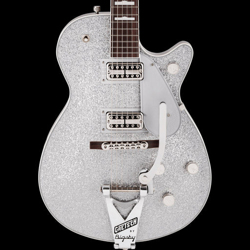 Gretsch G6129T-89 Vintage Select '89 Sparkle Jet with Bigsby Silver Sparkle Electric Guitar Front Crop