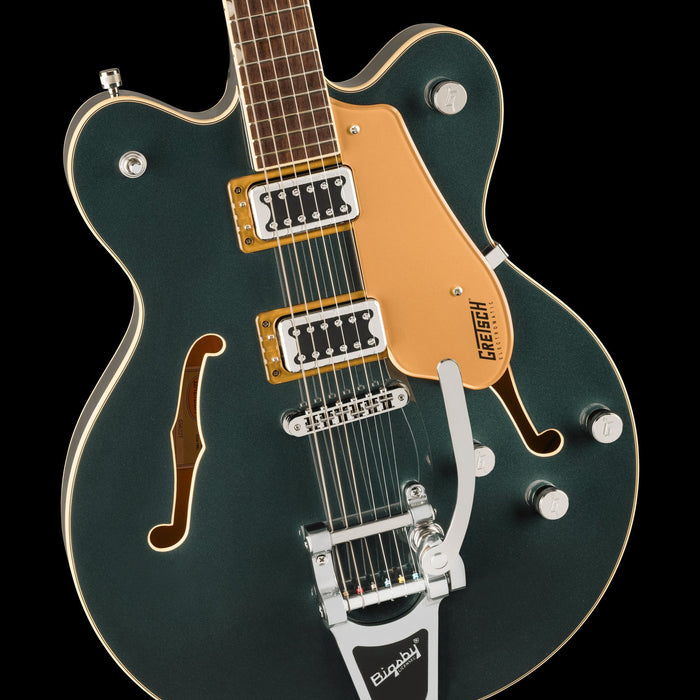 Gretsch G5622T Electromatic Center Block Double-Cut with Bigsby Cadillac Green Closeup Tilt Left