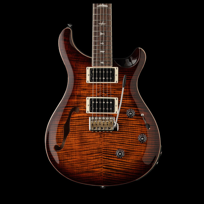 PRS SE Custom 24 Semi-Hollow Piezo Orange Tiger Smokeburst Front Crop