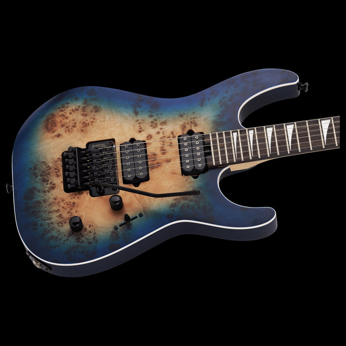 Jackson MJ Series Dinky DKRP Ebony Fingerboard Transparent Blue Burst Closeup Body Angle Right