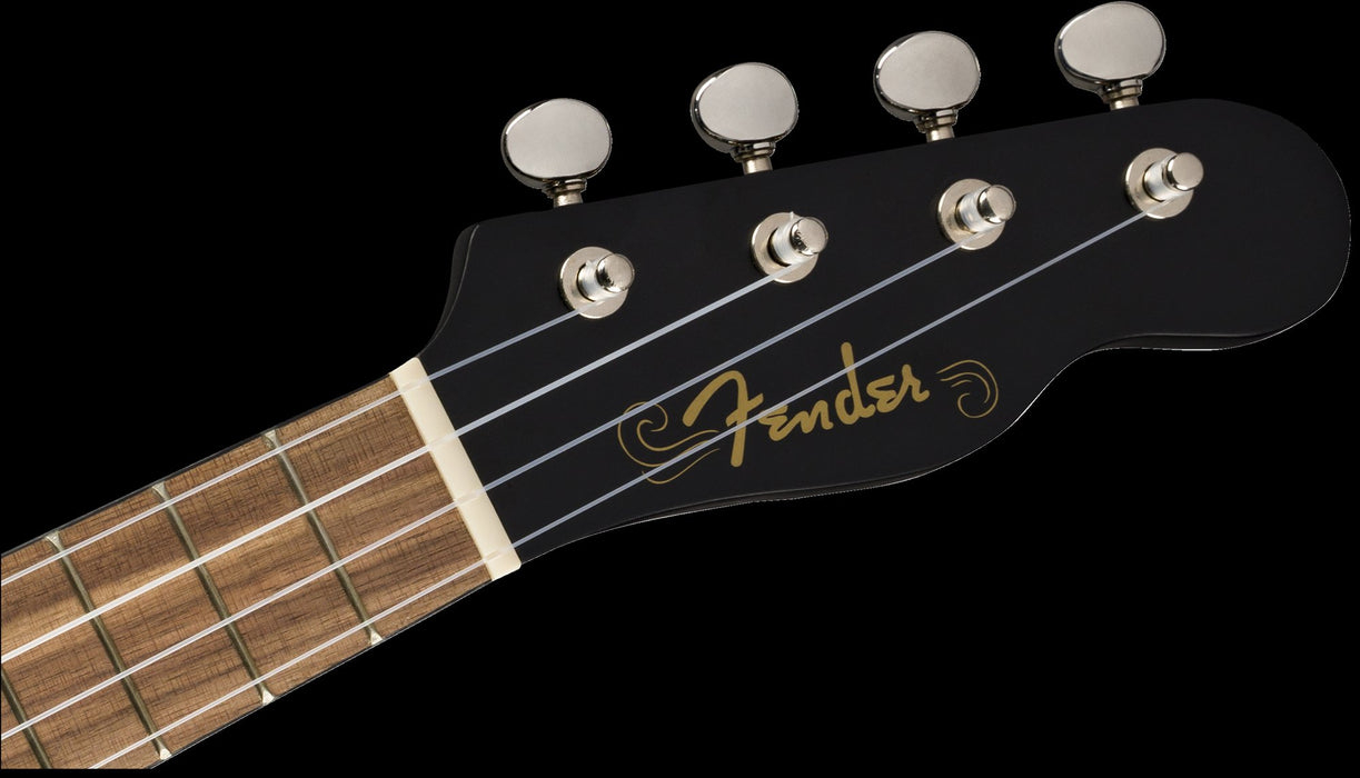 Fender Venice Soprano Ukulele Satin Black Finish Uke Headstock Front