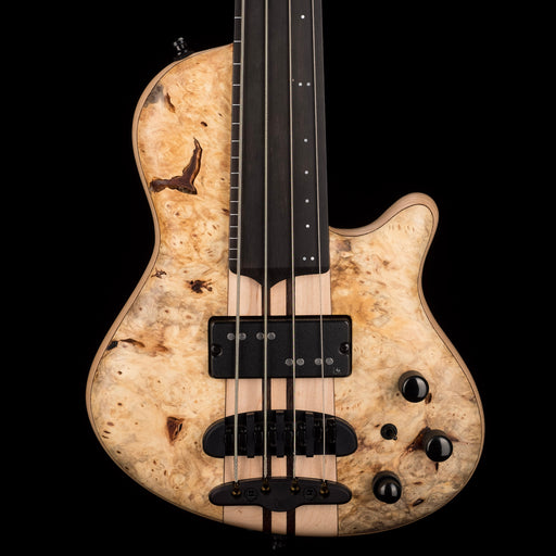 Mayones Cali4 Lined Fretless Bass Buckeye Burl Top Swamp Ash Back Ebony Board w/ Case