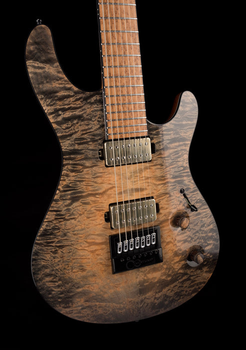 Mayones Regius 4Ever 7 String Baritone 5A Grade Quilted Flame Maple Top Trans Black Feather Finish
