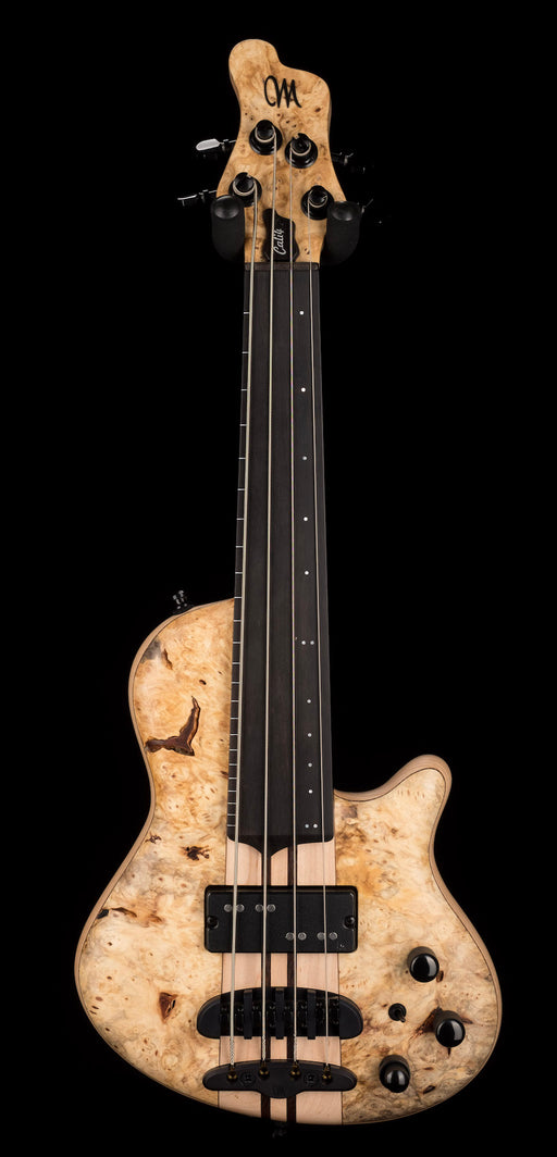Mayones Cali4 Lined Fretless Bass Buckeye Burl Top Swamp Ash Back Ebony Board w/ Case