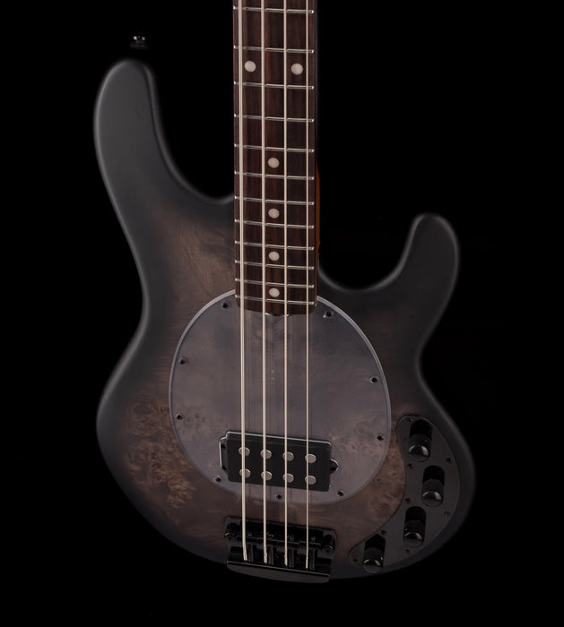 Sterling by Music Man StringRay Ray34 Poplar Burl Top Trans Black Satin