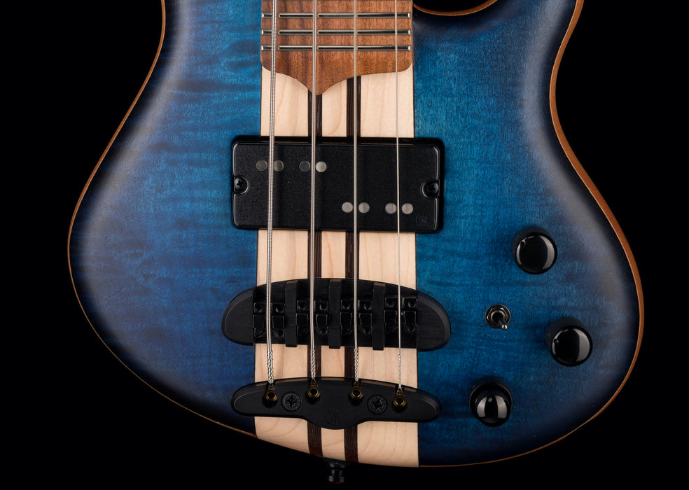 Mayones Cali4 Bass Mahogany Body 3A Flame Maple Top Trans Blue