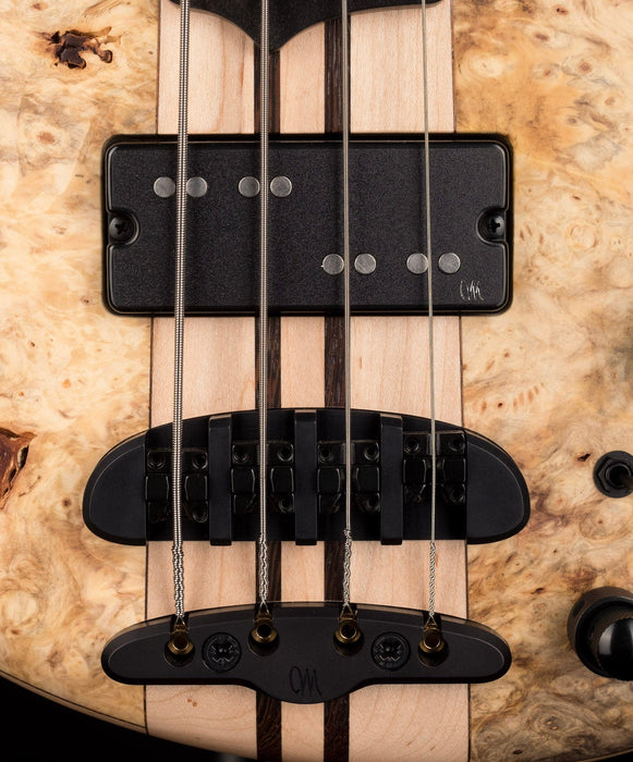 Mayones Cali4 Lined Fretless Bass Buckeye Burl Top Swamp Ash Back Ebony Board w/ Case