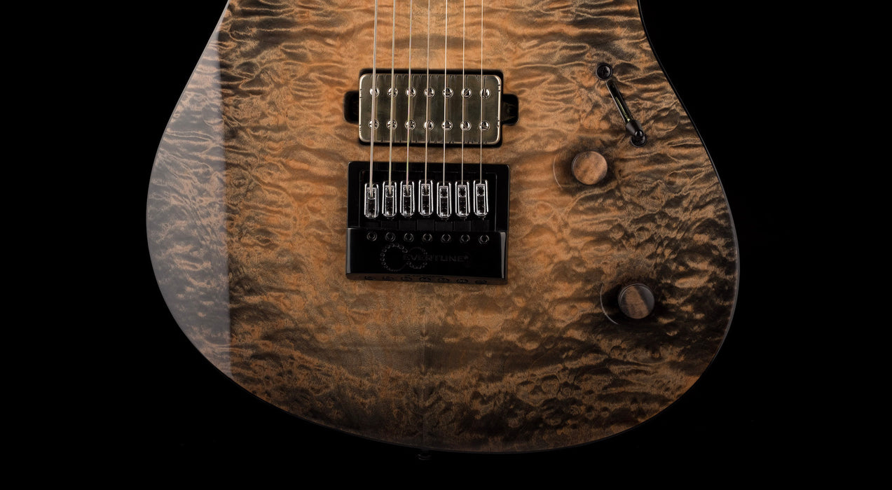 Mayones Regius 4Ever 7 String Baritone 5A Grade Quilted Flame Maple Top Trans Black Feather Finish
