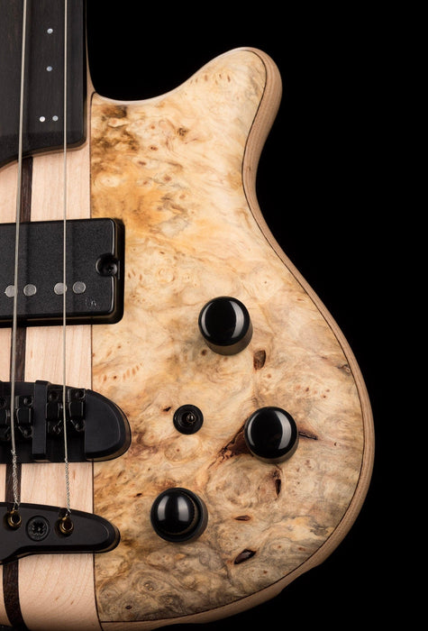 Mayones Cali4 Lined Fretless Bass Buckeye Burl Top Swamp Ash Back Ebony Board w/ Case