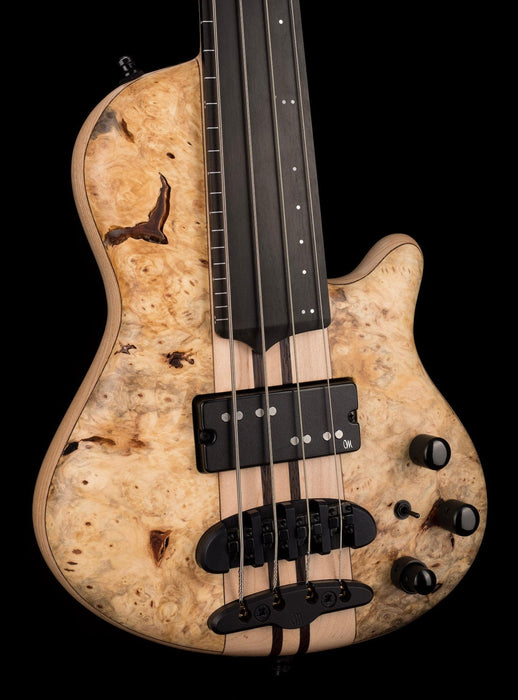 Mayones Cali4 Lined Fretless Bass Buckeye Burl Top Swamp Ash Back Ebony Board w/ Case