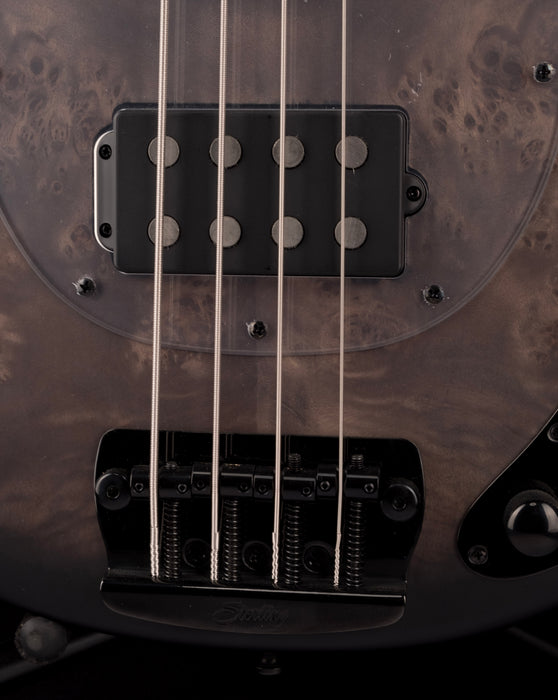 Sterling by Music Man StringRay Ray34 Poplar Burl Top Trans Black Satin