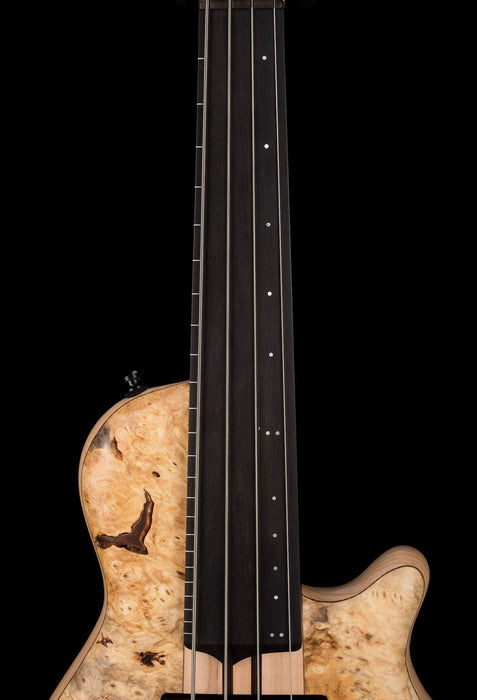 Mayones Cali4 Lined Fretless Bass Buckeye Burl Top Swamp Ash Back Ebony Board w/ Case