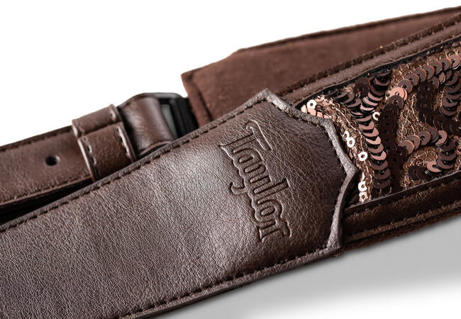 Taylor Vegan Leather Strap Chocolate Brown w/ Sequins 2.25" Embossed Logo