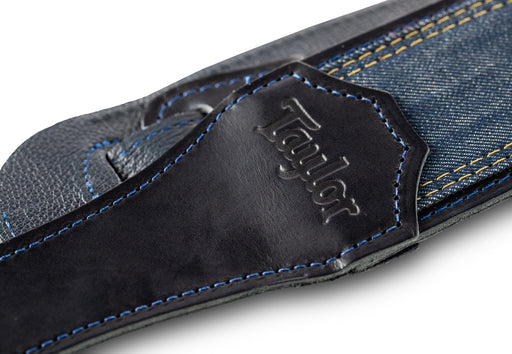 Taylor Blue Denim Strap Navy Leather Edges 2.5" Embossed Logo