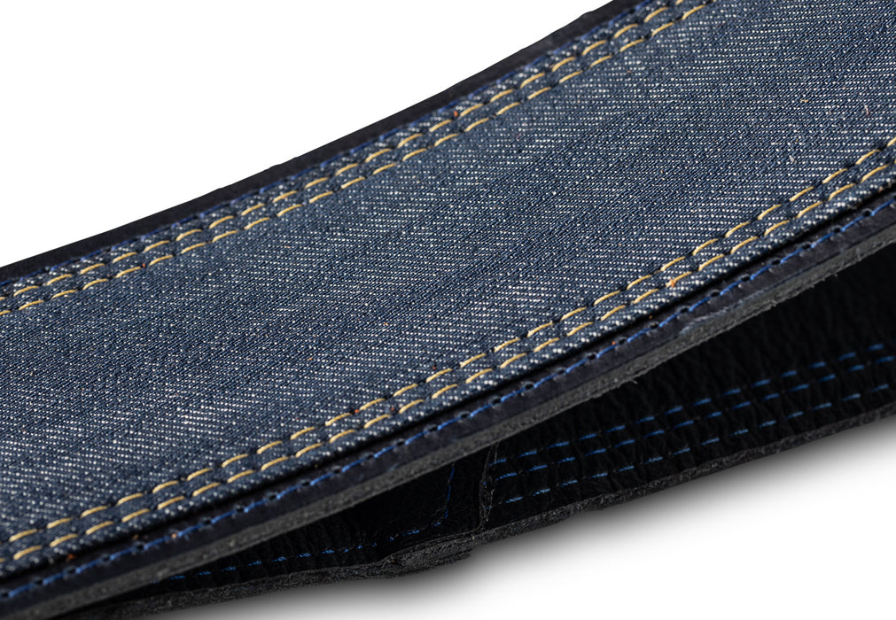 Taylor Blue Denim Strap Navy Leather Edges 2.5" Embossed Logo