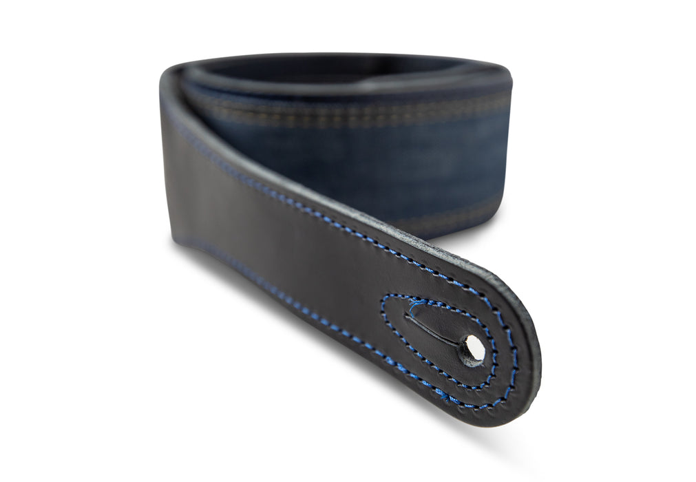 Taylor Blue Denim Strap Navy Leather Edges 2.5" Embossed Logo