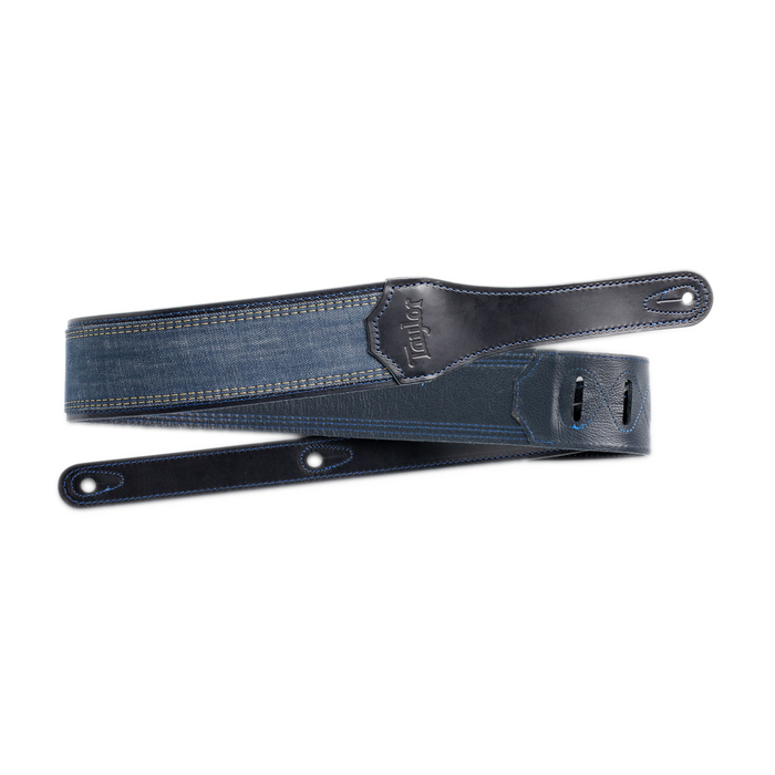 Taylor Blue Denim Strap Navy Leather Edges 2.5" Embossed Logo